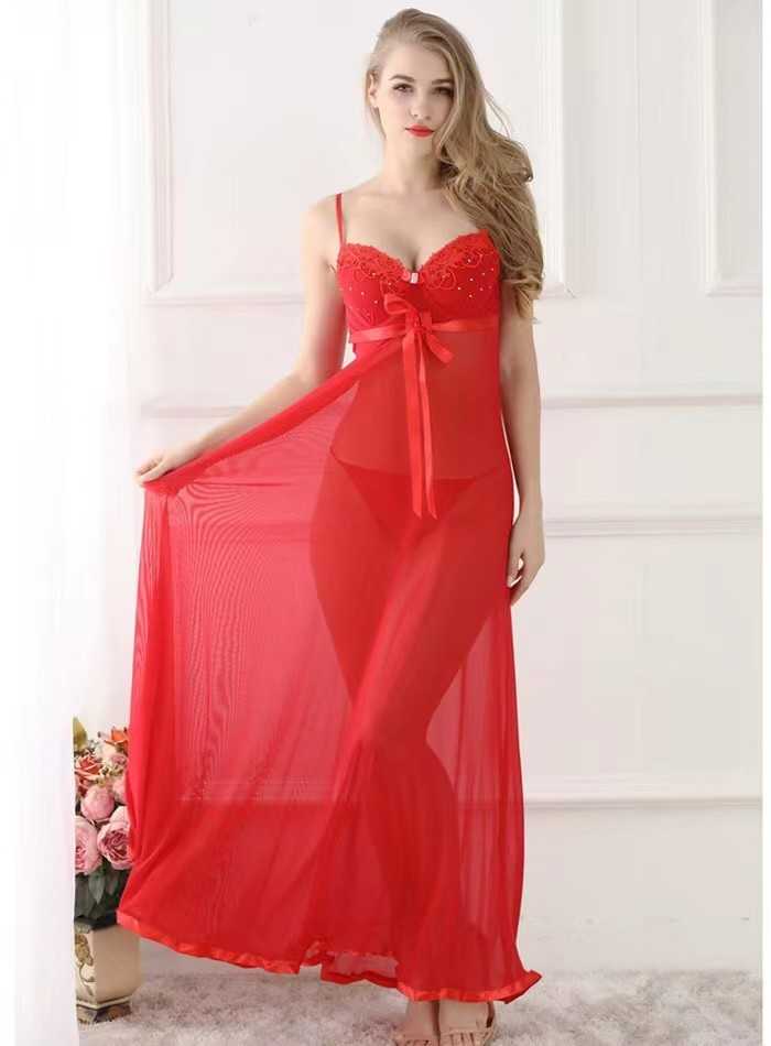 Women’s Long Lace Nightdress – Sheer Mesh Maxi Sleepwear