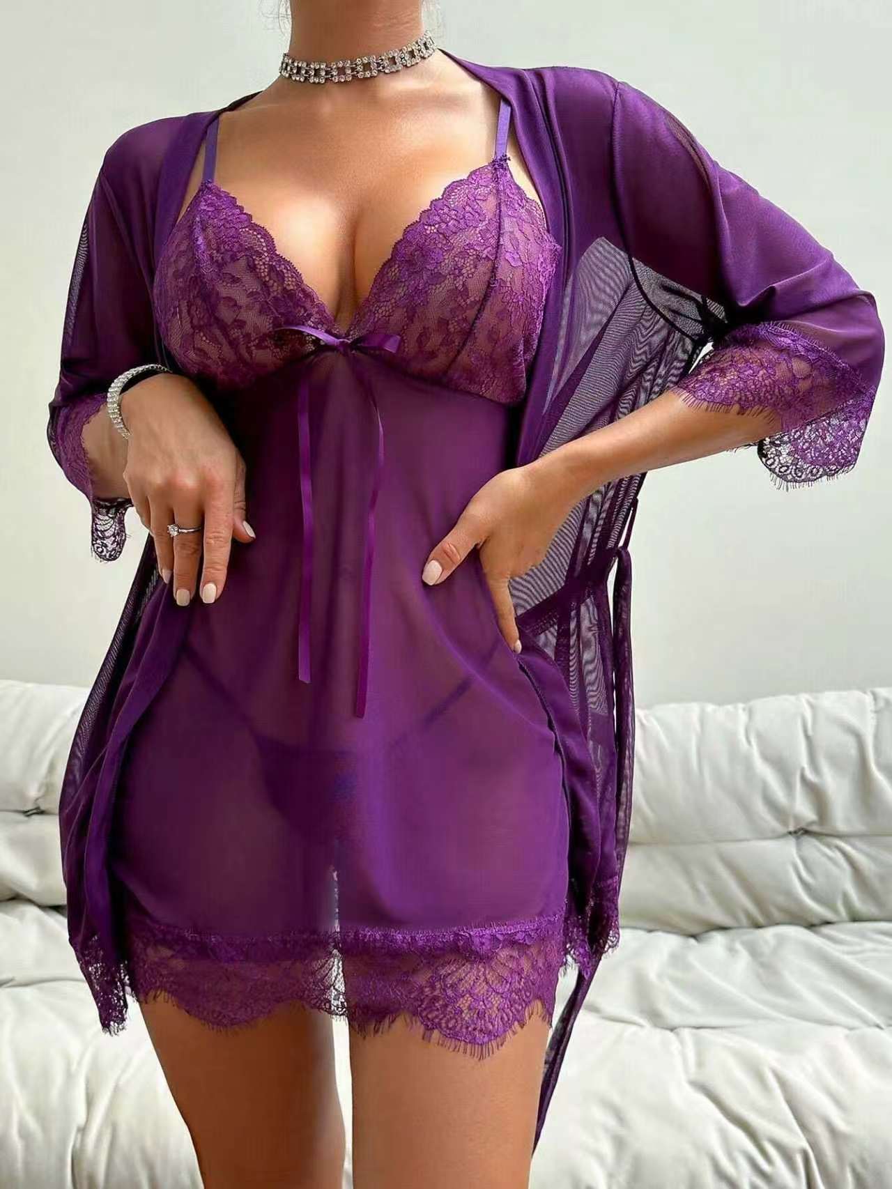 Women’s Lace Nightdress with Matching Robe – Elegant 2 Piece Sleepwear Set