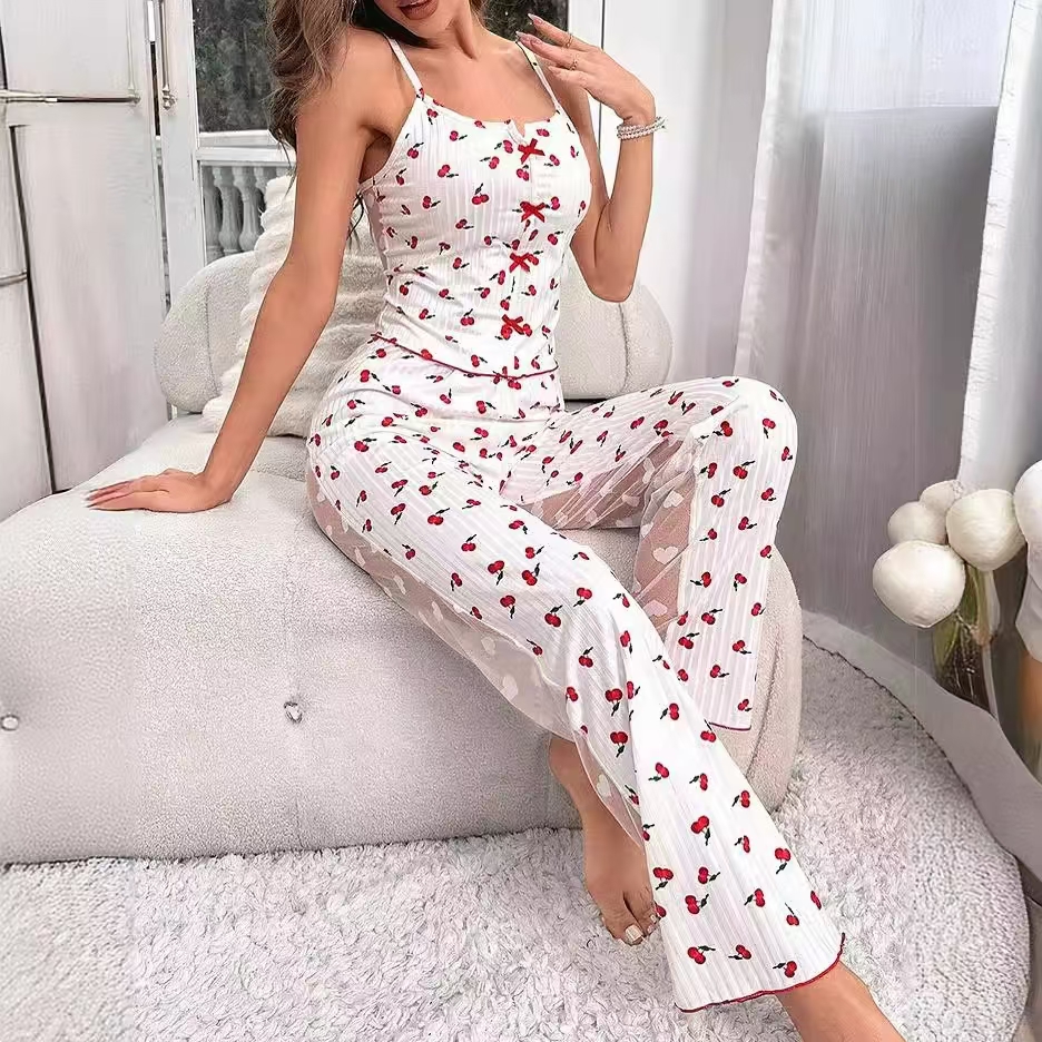 Women’s Cherry Print Pajama Set – Camisole Top & Sheer Mesh Long Pants Sleepwear