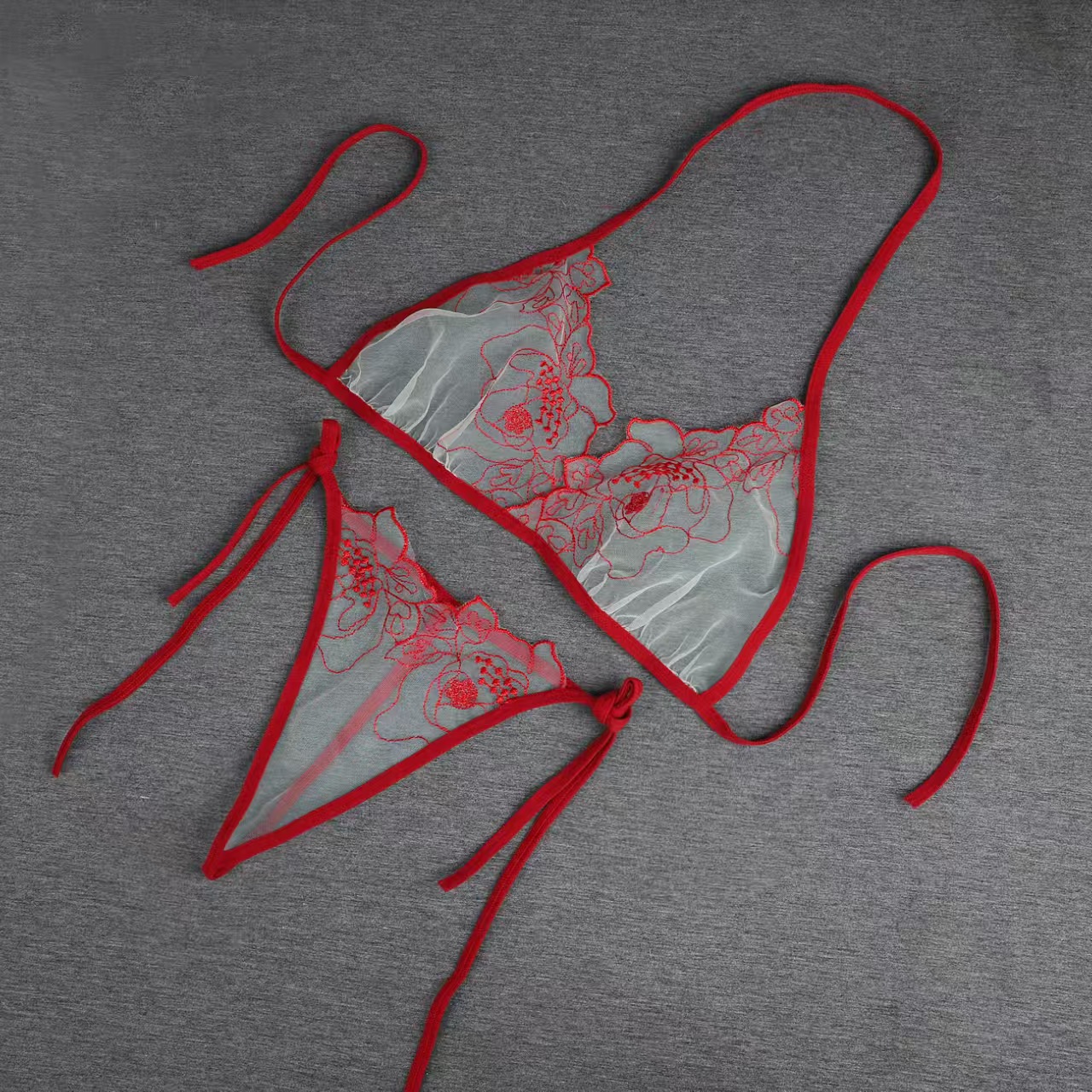 Women’s Sheer Floral Embroidery Lingerie Set – Tie-Up Bra & Thong
