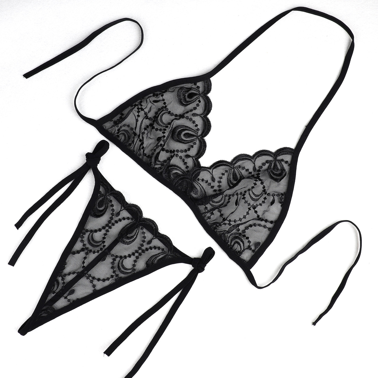 Women’s Black Sheer Lace Lingerie Set – Tie-Up Bra & Thong
