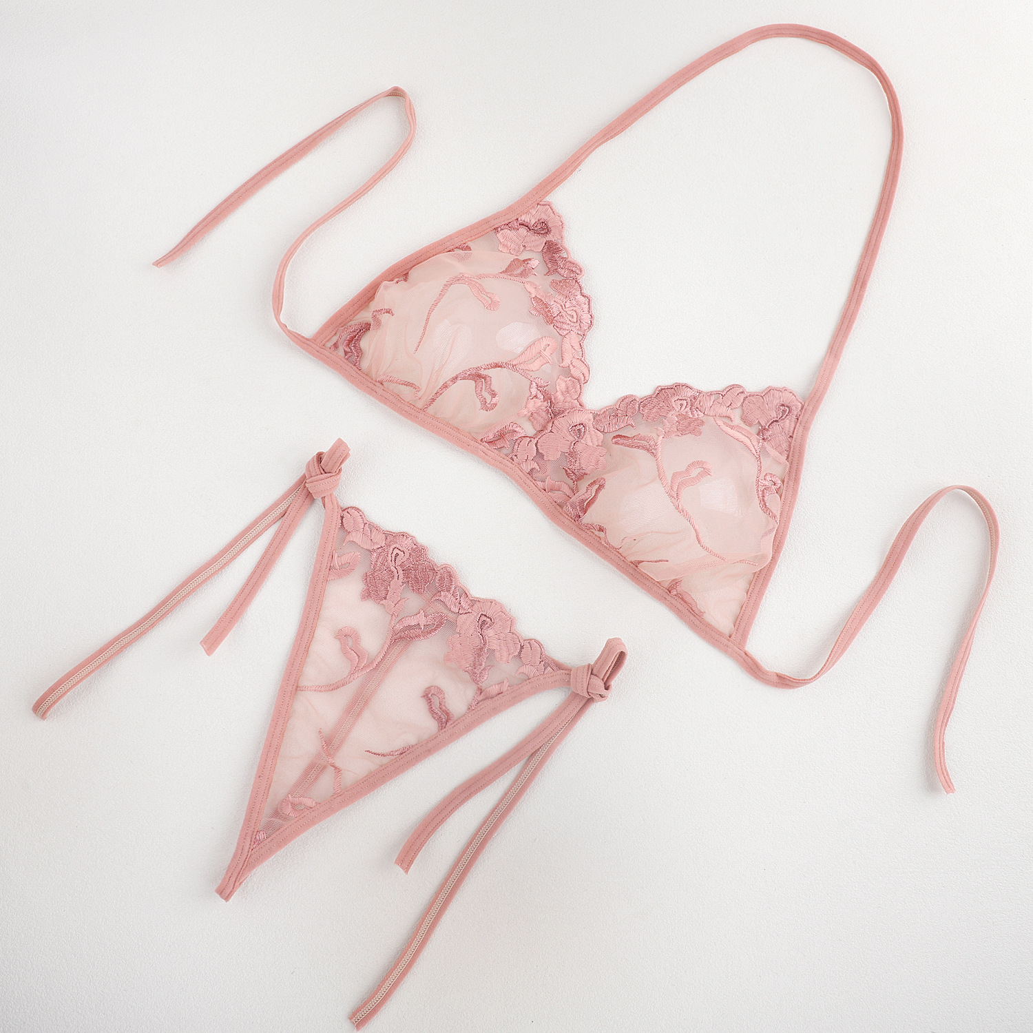 Women’s Pink Sheer Floral Lingerie Set – Tie-Up Bra & Thong