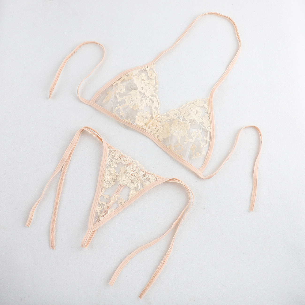 Women’s Nude Sheer Lace Lingerie Set – Tie-Up Bra & Thong