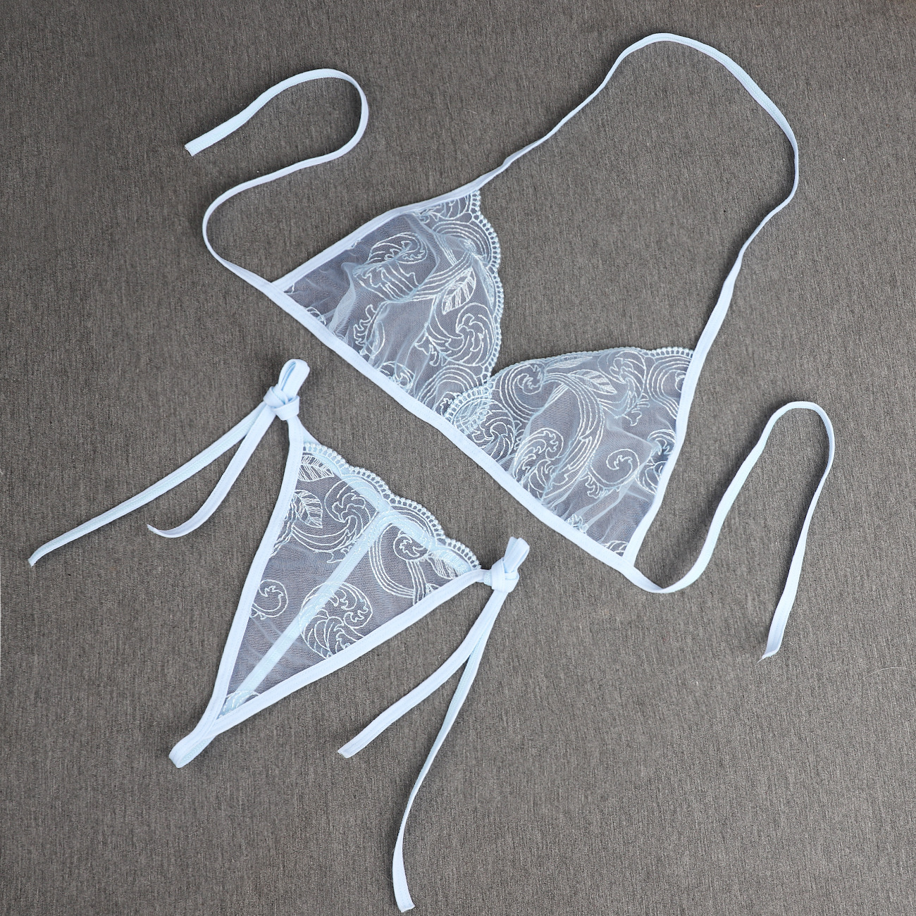 Women’s White Sheer Rose Lace Lingerie Set – Tie-Up Bra & Thong