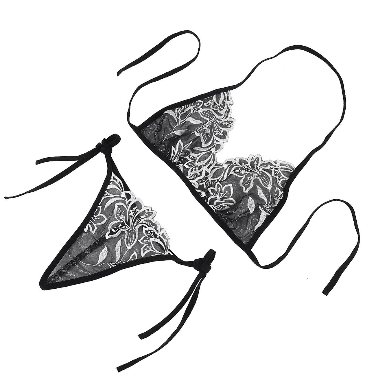 Women’s Black Sheer Floral Embroidery Lingerie Set – Tie-Up Bra & Thong