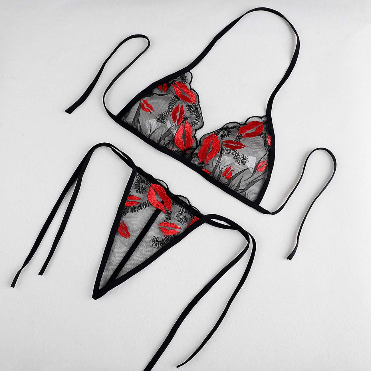Women’s Black & Red Sheer Lace Lingerie Set – Tie-Up Bra & Thong