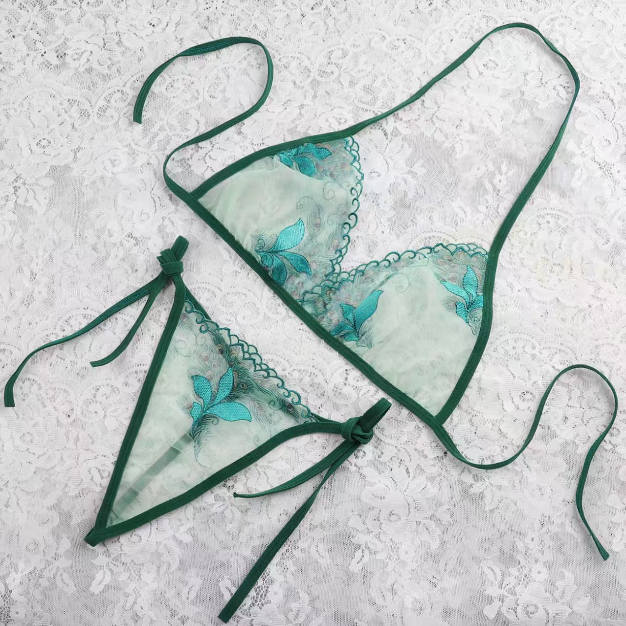 Women’s Green Floral Sheer Lingerie Set – Tie-Up Bra & Thong