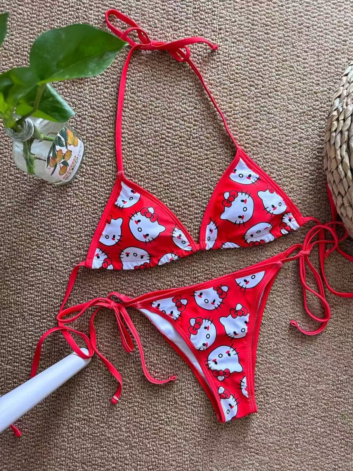 Women’s Cartoon Print Triangle Bikini Set – Halter Neck Tie-Side Swimwear
