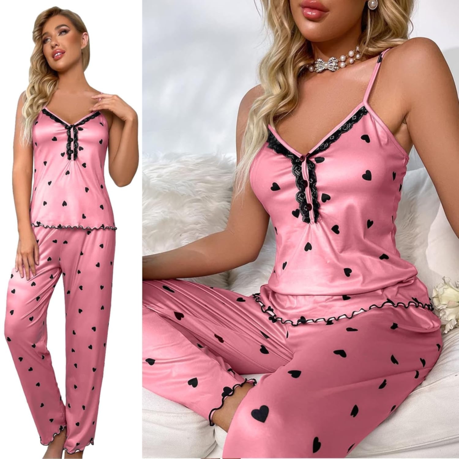 Women’s Satin Heart Print Pajama Set – Lace Trim Cami Top & Long Pants