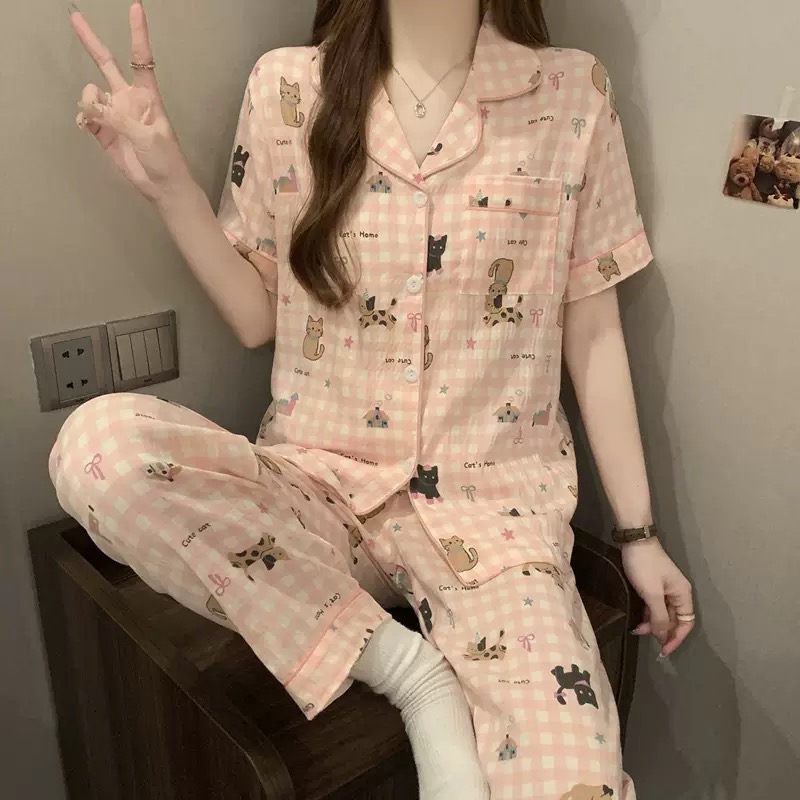 Women’s Cute Cat Print Pajama Set – Short Sleeve Shirt & Long Pants