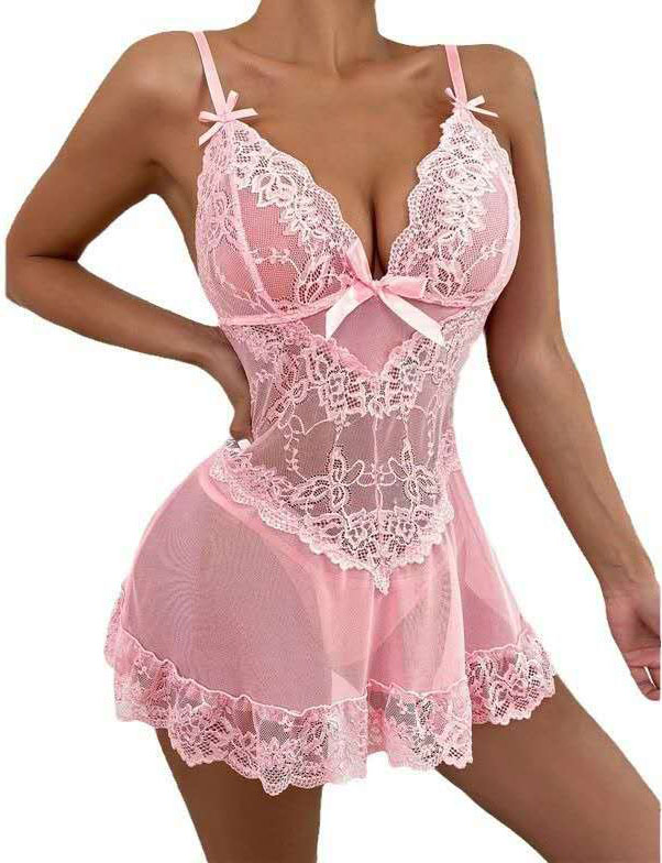 Women’s Lace Babydoll Nightdress – Sheer Mesh Floral Lingerie Sleepwear