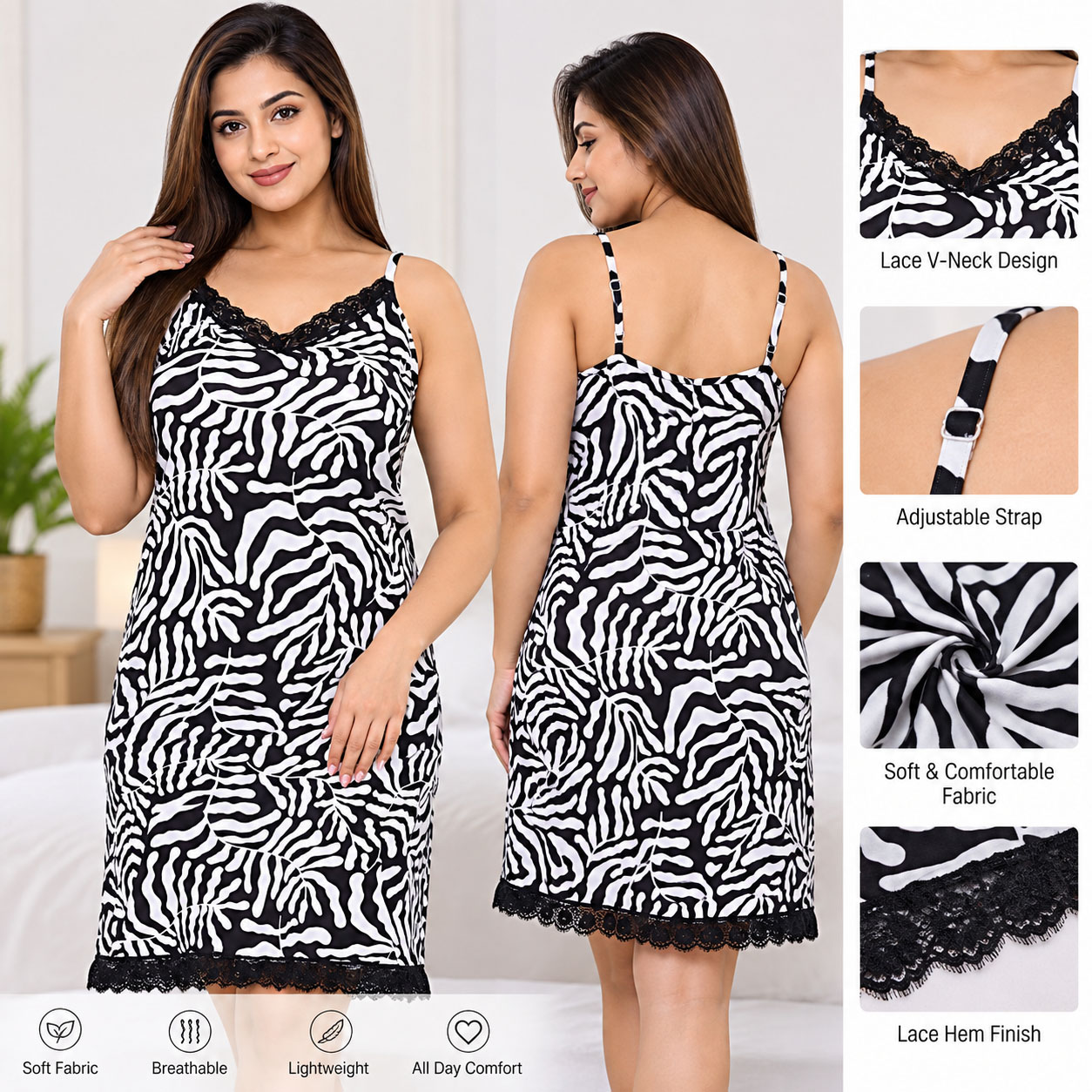 Ladies Plus Size Printed Nightdress with Lace Trim – Soft Comfortable Sleeveless Nighty for Women