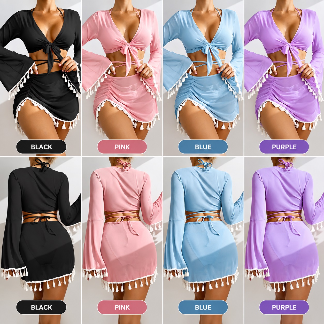 Women’s 2 Piece Beach Cover Up Set – Tie Front Crop Top & Tassel Mini Skirt