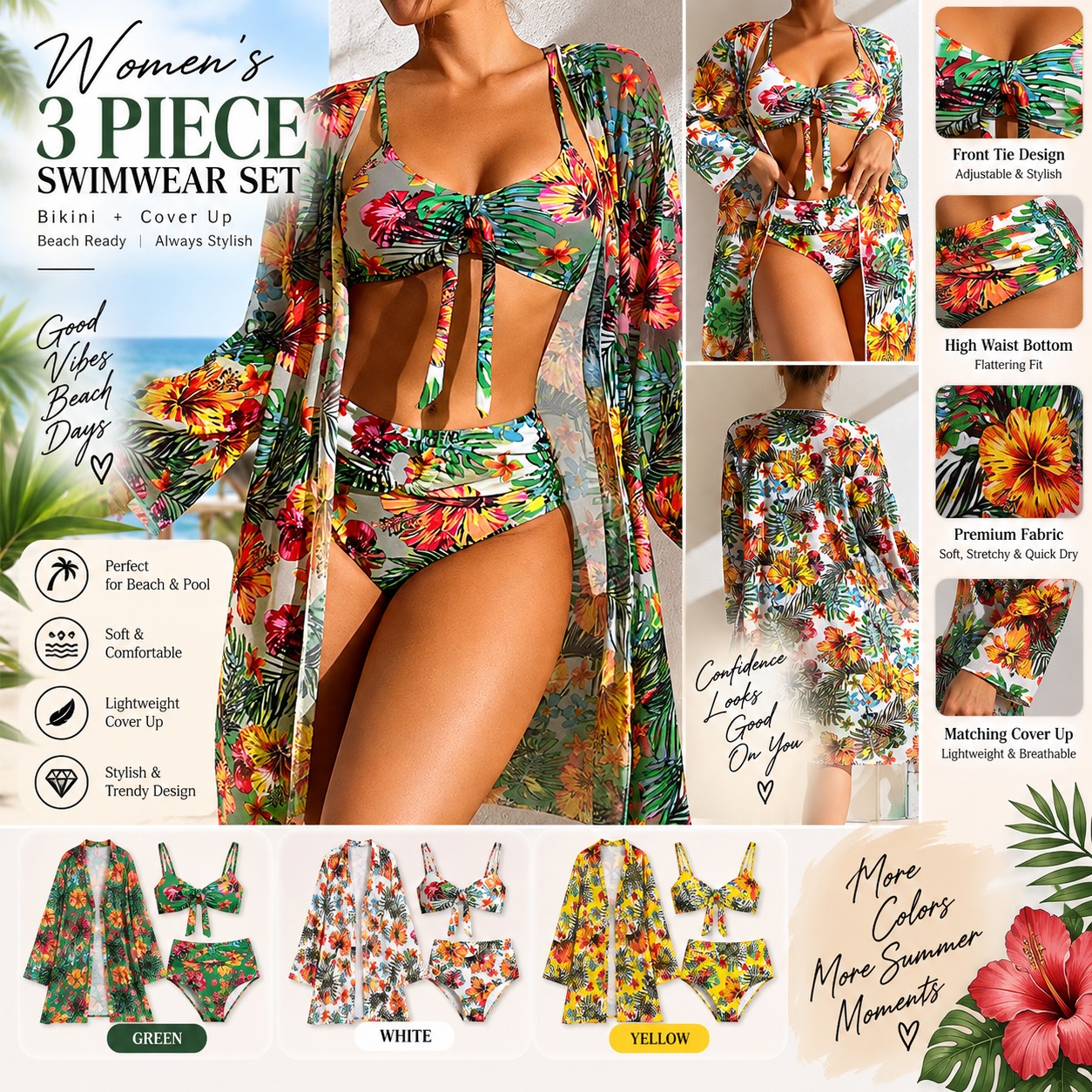 Women’s 3 Piece Floral Bikini Set with Beach Cover Up – High Waist Swimwear