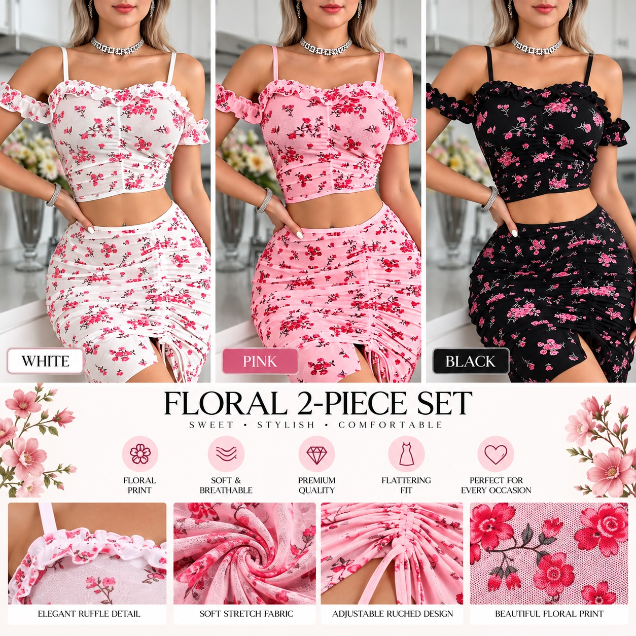 Women’s Floral Off Shoulder Crop Top & Ruched Skirt 2 Piece Set